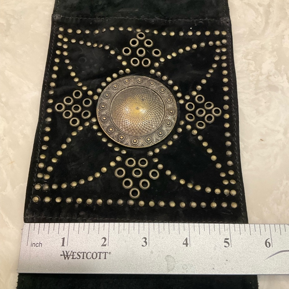 Black suede tie belt with gold stud work and fringe by (N)ine, Handmade, NWOT - Picture 8 of 10